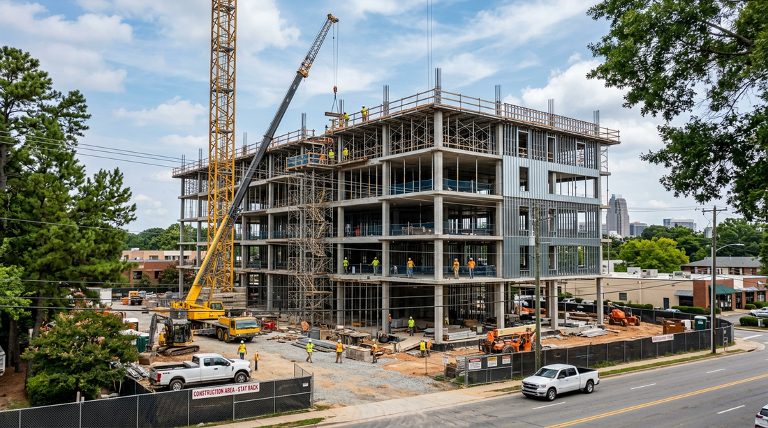Construction site with workers and machinery
