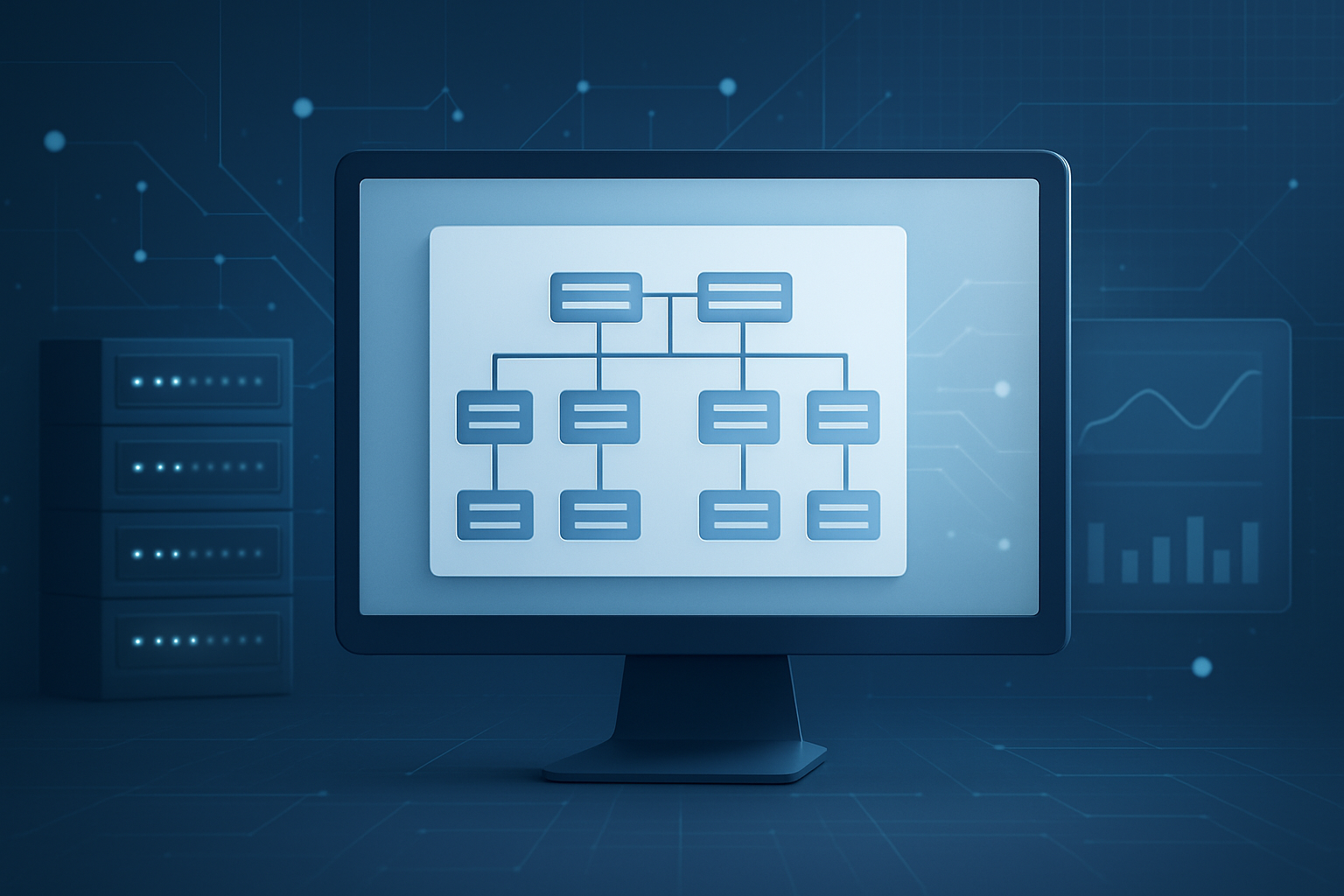 A computer monitor displaying a flowchart against a tech-themed background.